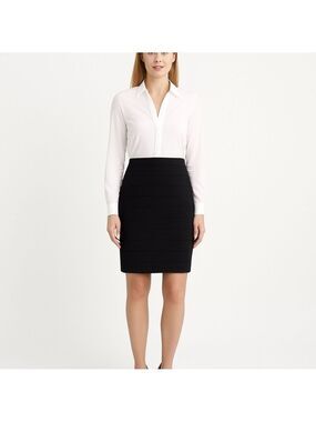 JOSEPH Ribkoff mini skirt pencil black flattering fabric strips elastic waist 12